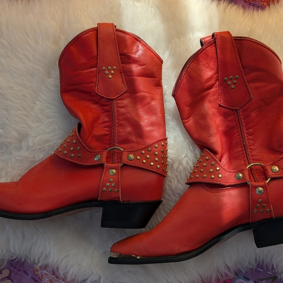 Red Leather Studded Women's Cowboy Boots - Picture 1 of 8